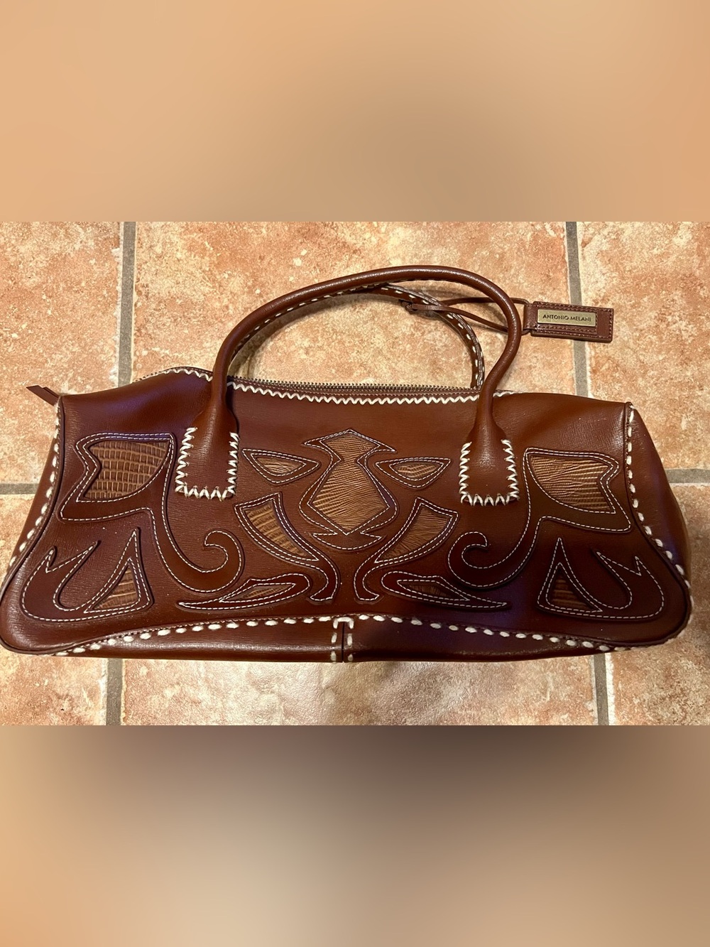 ANTONIO MELANI Brown Leather Satchel with White Stitching